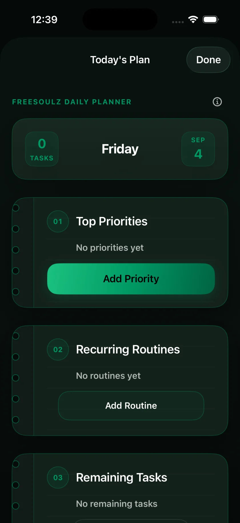 FreeSoulz daily planner with priorities, routines, and remaining tasks