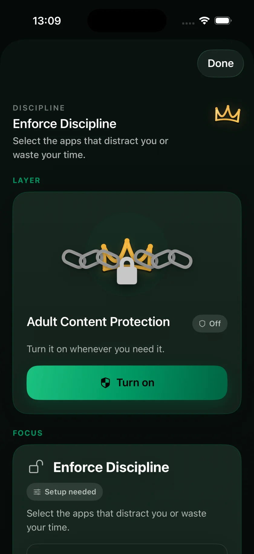 FreeSoulz Discipline screen showing adult content protection
